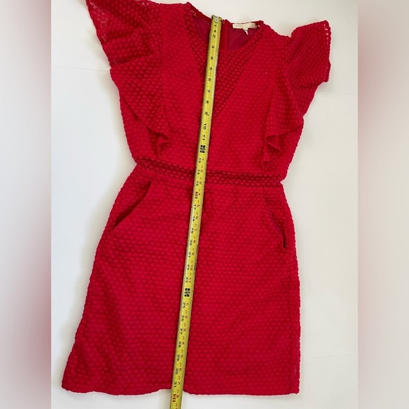 Maje Red Dress Roucoul Lace Heart embroidered Mini ruffle sleeve size 2 - Picture 9 of 11